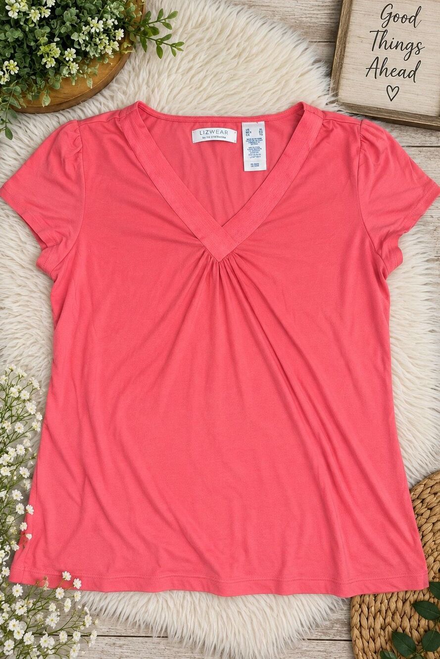 Lizwear Liz Claiborne Women’s XL Coral Pink V-Neck Short Sleeve Stretch